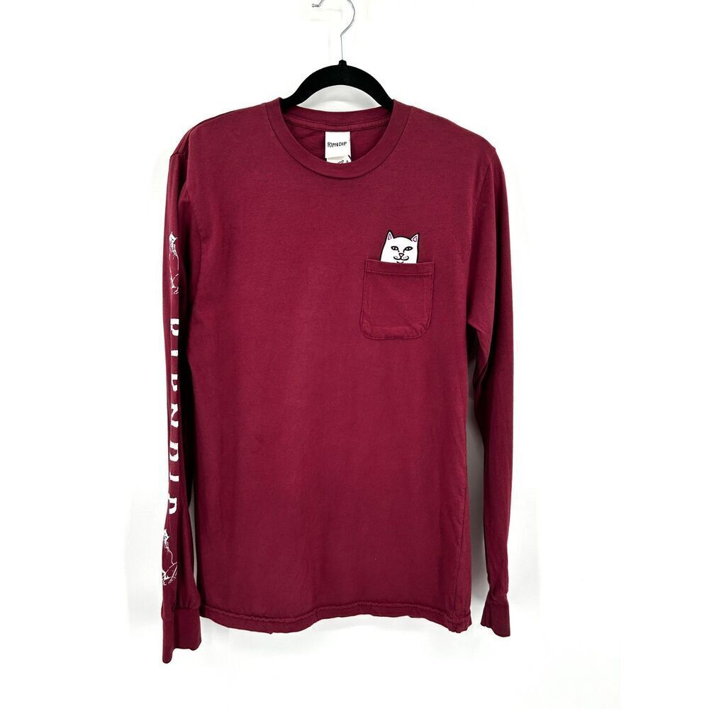 RIPNDIP Men's Burgundy White Cat Graphic Long Sleeve Crew Neck T-Shirt Small